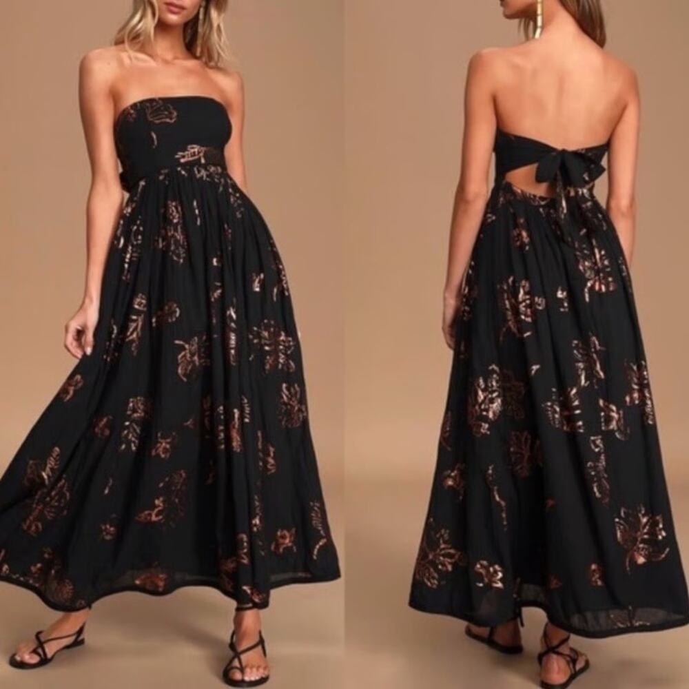 Free People Baja Babe Strapless Black Floral Metallic Midi Dress Sz S Whimsical